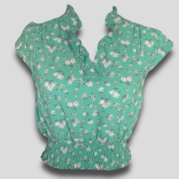 MONTEAU COTTEGECORE HIPPIE BOHO FLORAL FRILL CAP SLEEVE BLOUSE GREEN MEDIUM - Picture 1 of 8